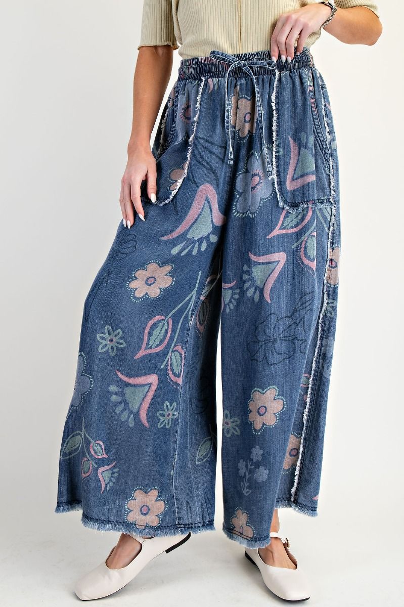 Easel Floral Print Washed Chambray Pants Washed Denim