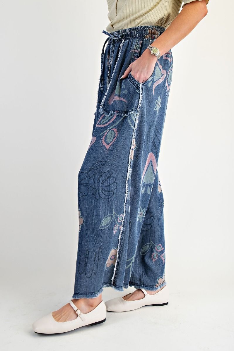 Easel Floral Print Washed Chambray Pants Washed Denim