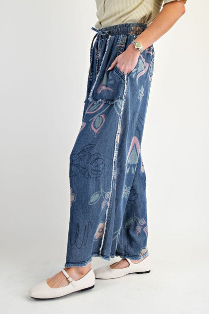 Easel Floral Print Washed Chambray Pants Washed Denim