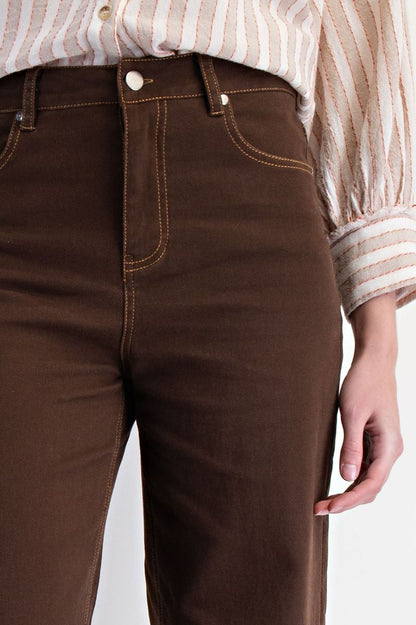 Frayed Bottom Hem Stretch Pants Coffee