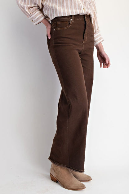 Frayed Bottom Hem Stretch Pants Coffee