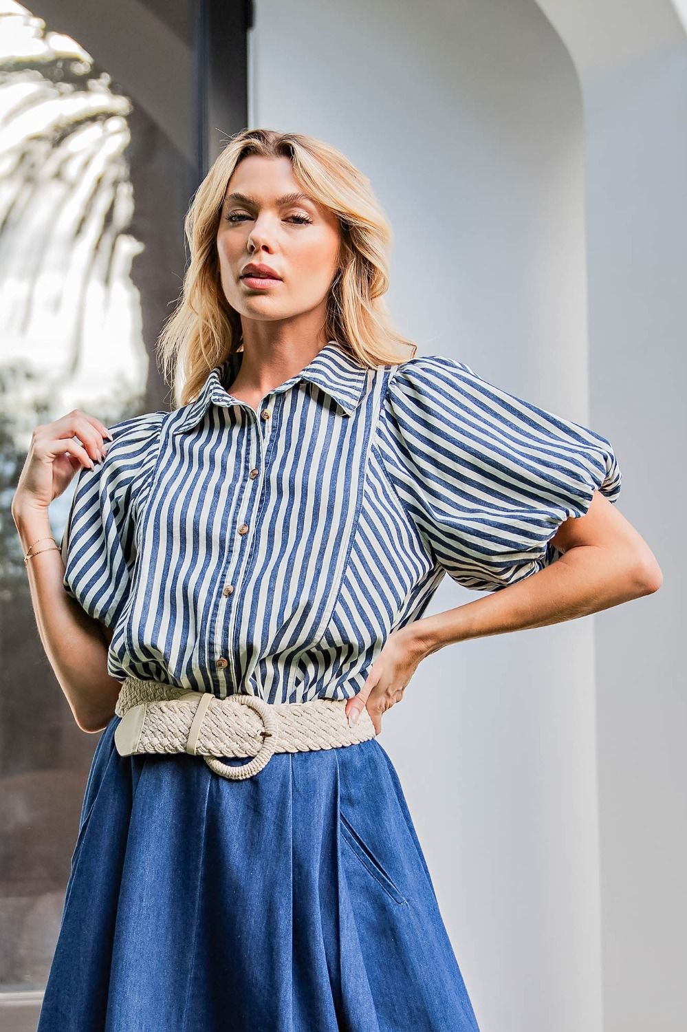 Easel Navy/White Stripe Puff Sleeve Top