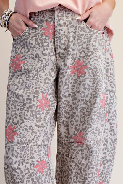 Easel Rose Stone Cheetah Barrel Pants
