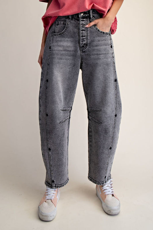 Easel Black Embroidered Star and Stud Barrel Jeans