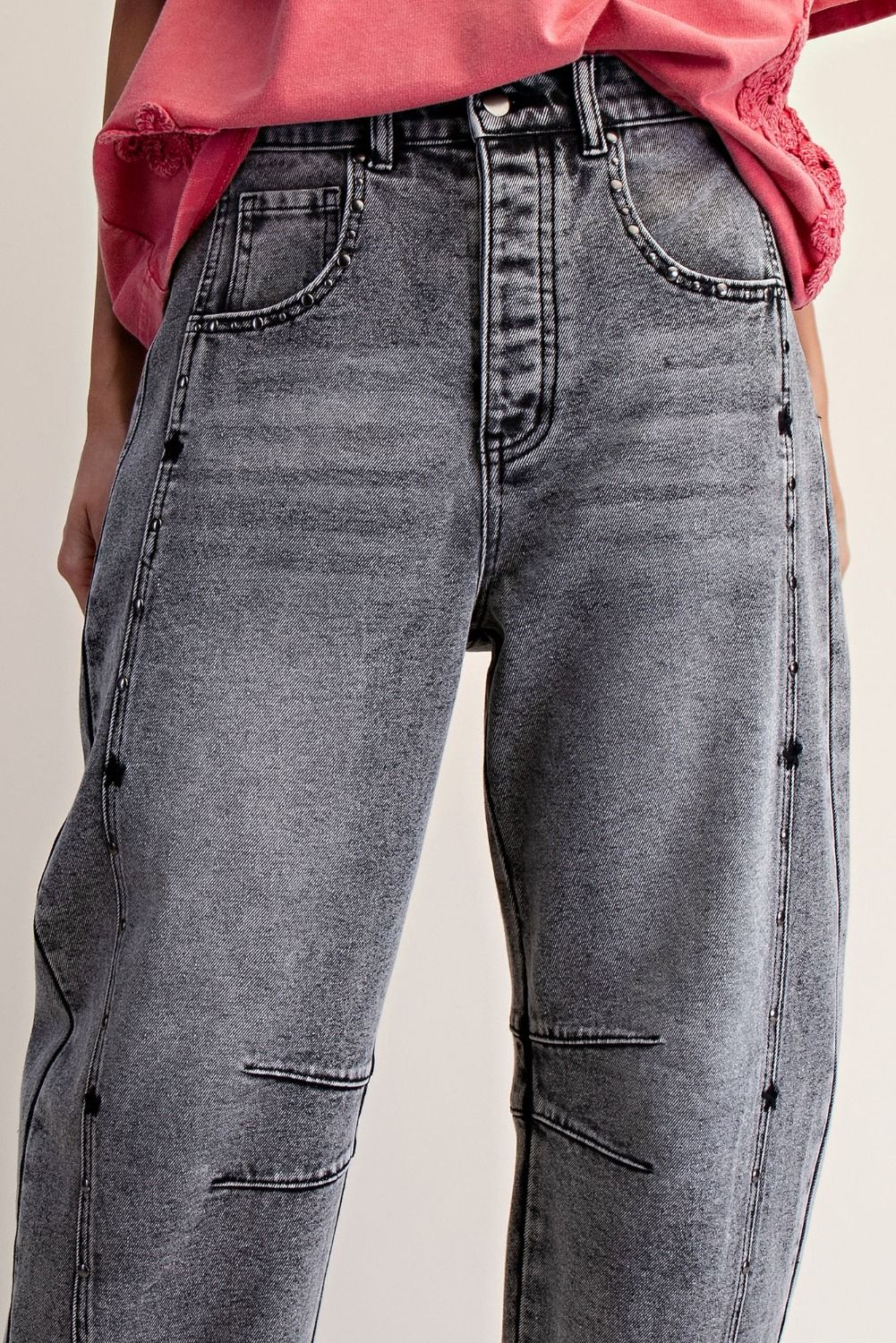 Easel Black Embroidered Star and Stud Barrel Jeans