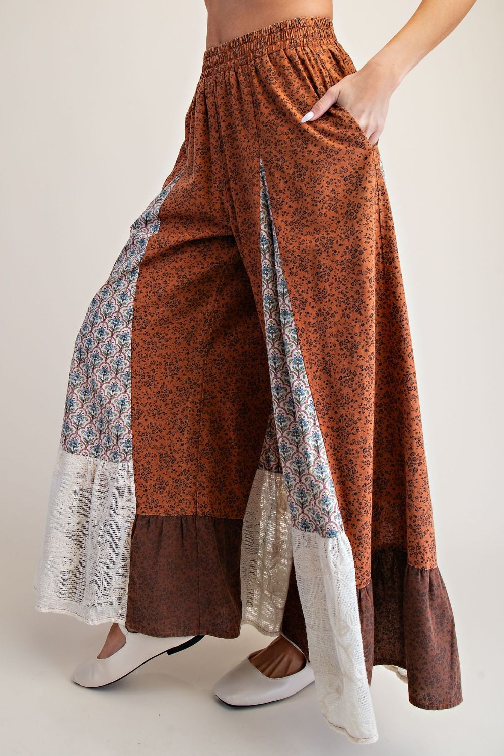 Easel Rust Patchwork Lace Palazzo Pants