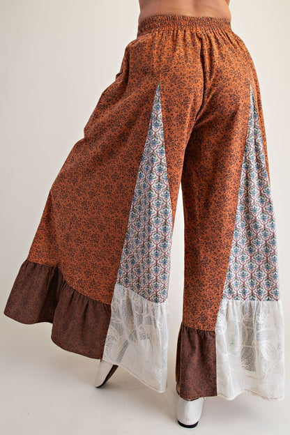 Easel Rust Patchwork Lace Palazzo Pants