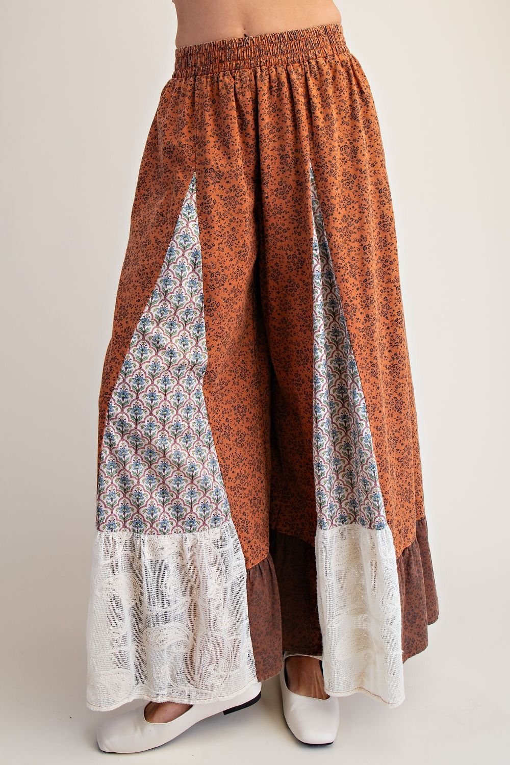 Easel Rust Patchwork Lace Palazzo Pants