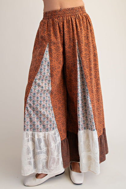 Easel Rust Patchwork Lace Palazzo Pants