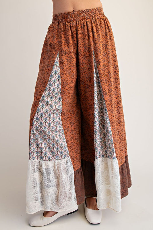 Easel Rust Patchwork Lace Palazzo Pants