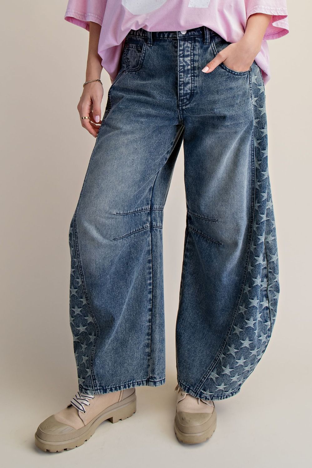 Easel Star Denim Barrel Jeans