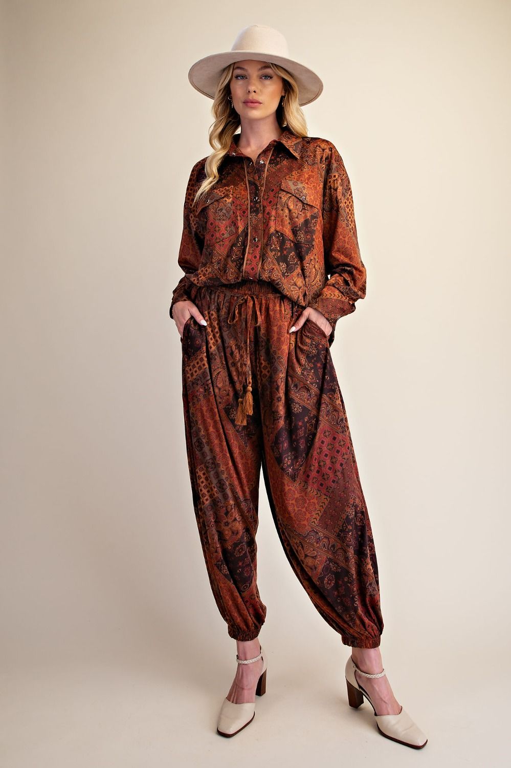 Easel Olive Brown Patchwork Print Suede Pants