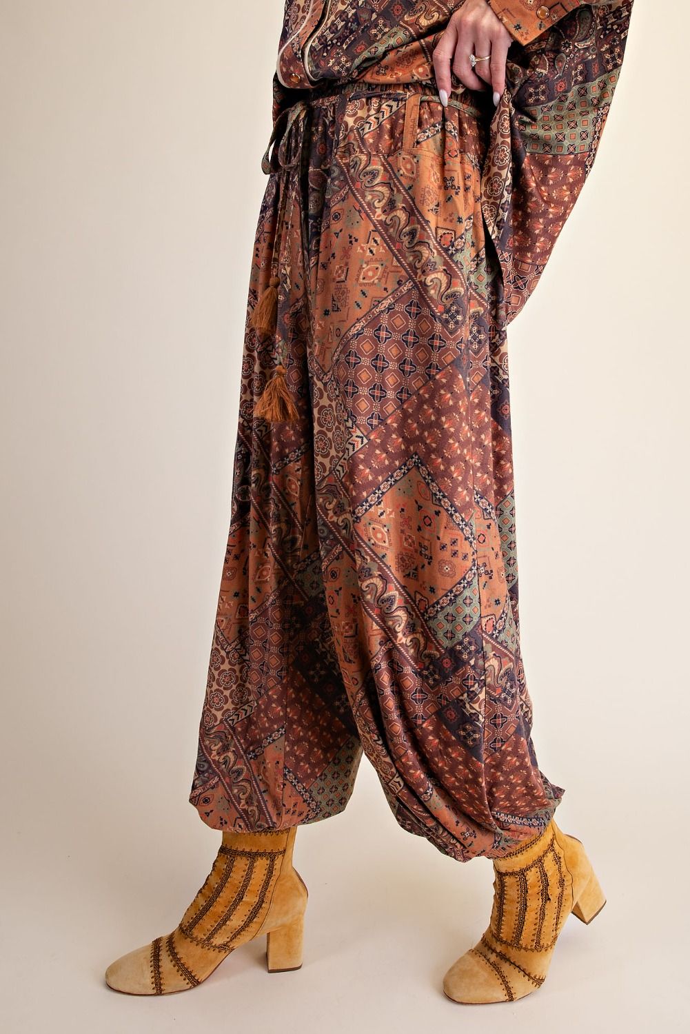 Easel Olive Brown Patchwork Print Suede Pants