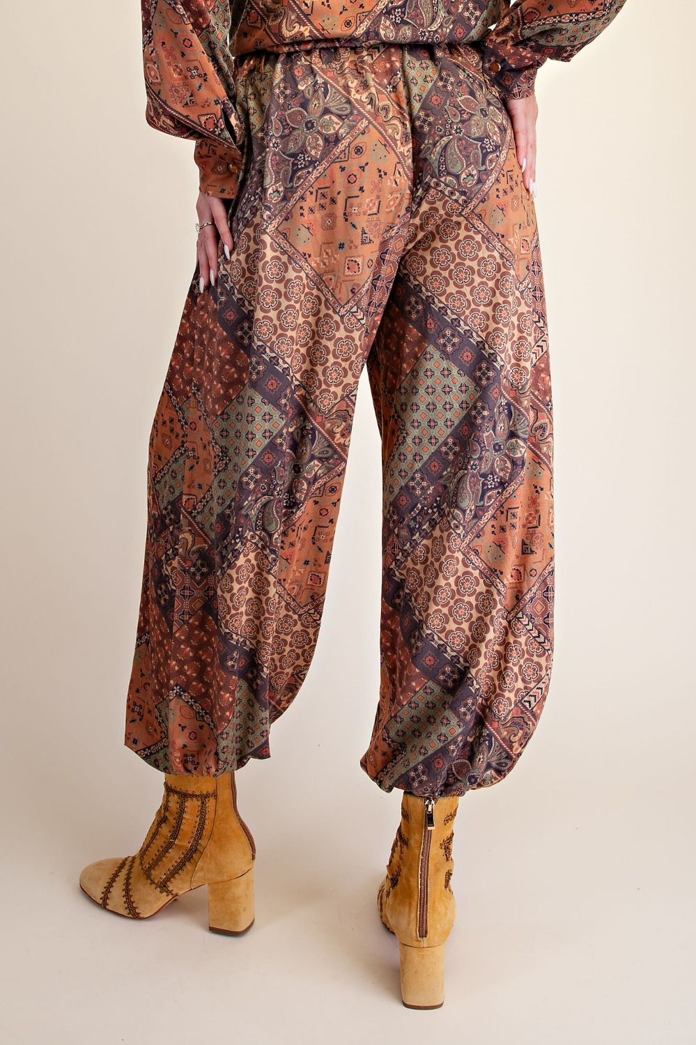 Easel Olive Brown Patchwork Print Suede Pants