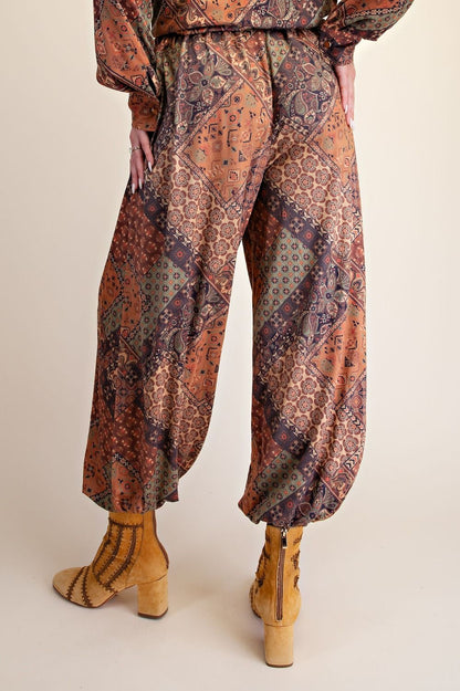 Easel Olive Brown Patchwork Print Suede Pants