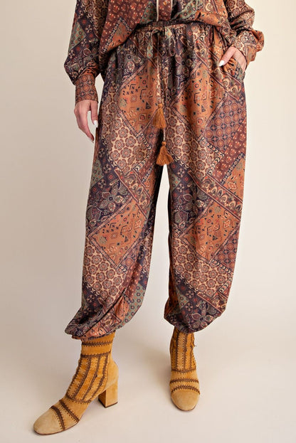 Easel Olive Brown Patchwork Print Suede Pants