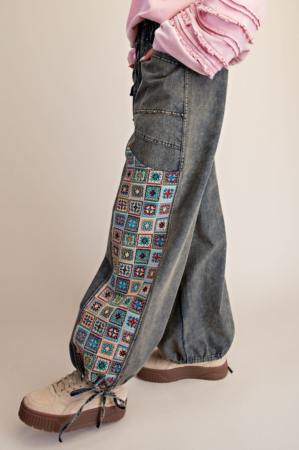 Easel Dirty Denim Granny Square Crochet Pants