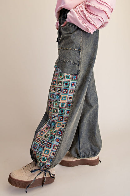 Easel Dirty Denim Granny Square Crochet Pants