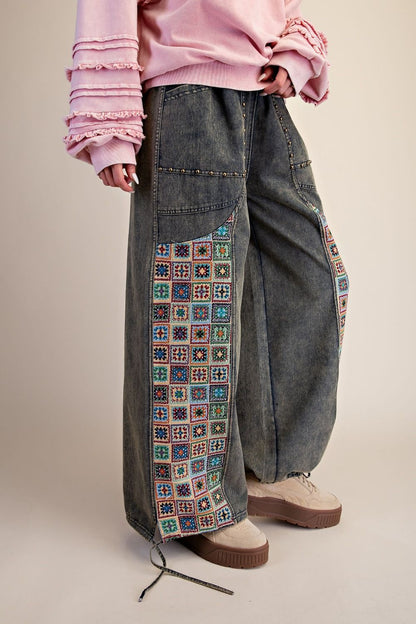 Easel Dirty Denim Granny Square Crochet Pants