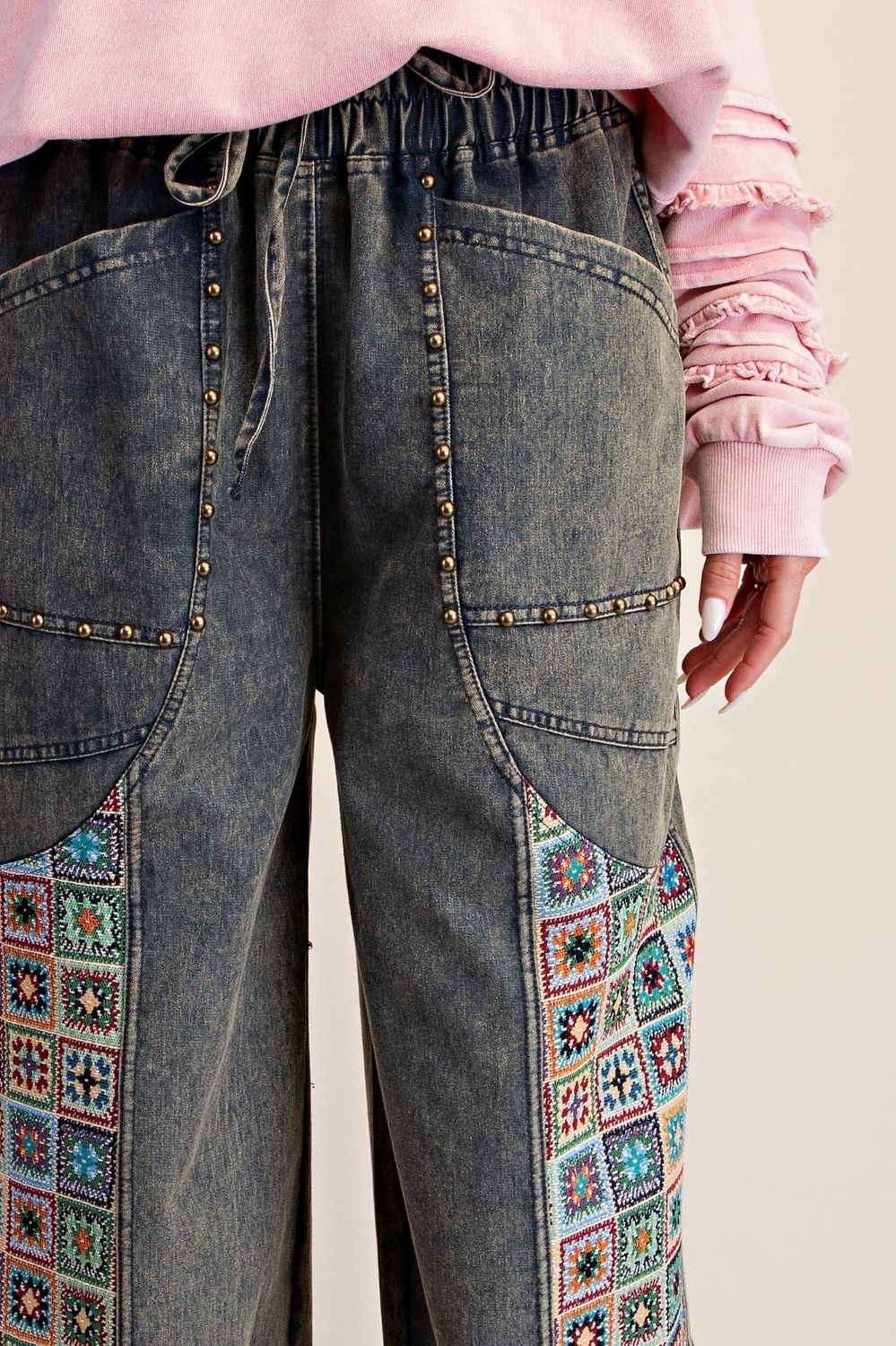 Easel Dirty Denim Granny Square Crochet Pants