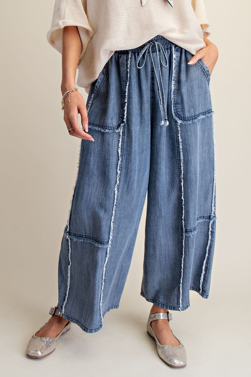 Easel Self Fray Chambray Palazzo Pants Washed Denim