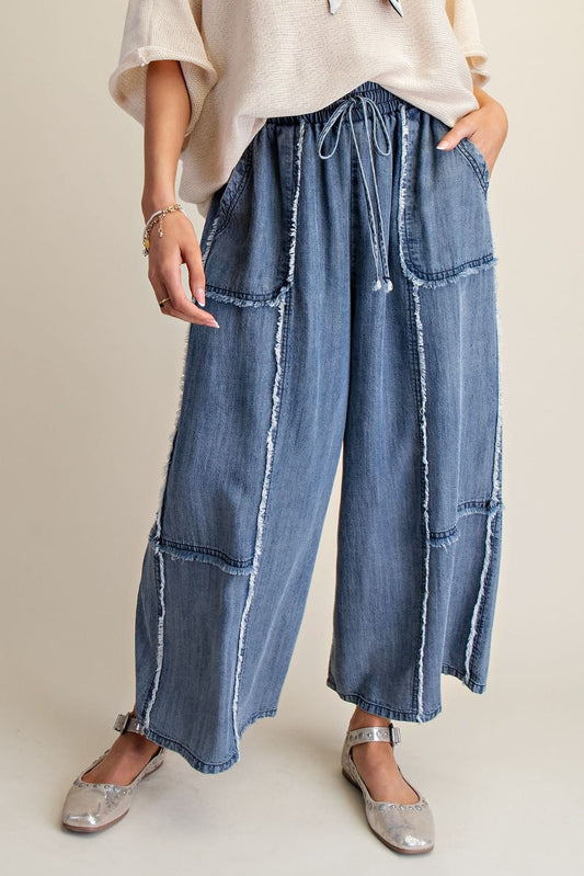 Easel Self Fray Chambray Palazzo Pants Washed Denim
