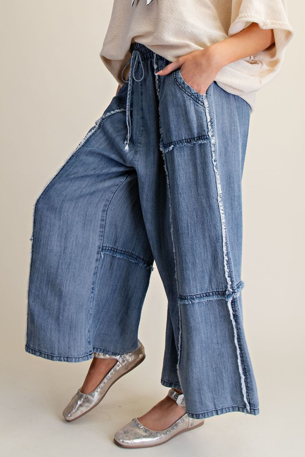 Easel Self Fray Chambray Palazzo Pants Washed Denim