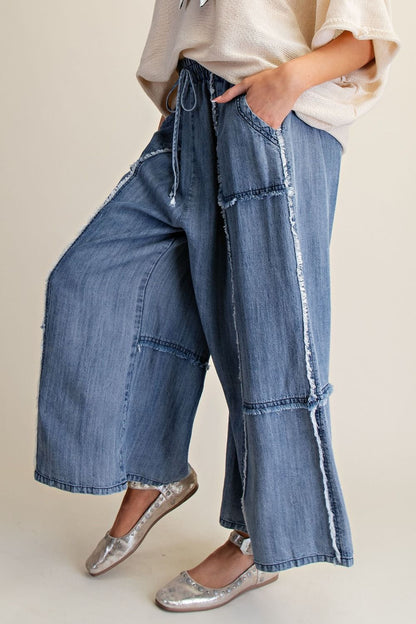 Easel Self Fray Chambray Palazzo Pants Washed Denim