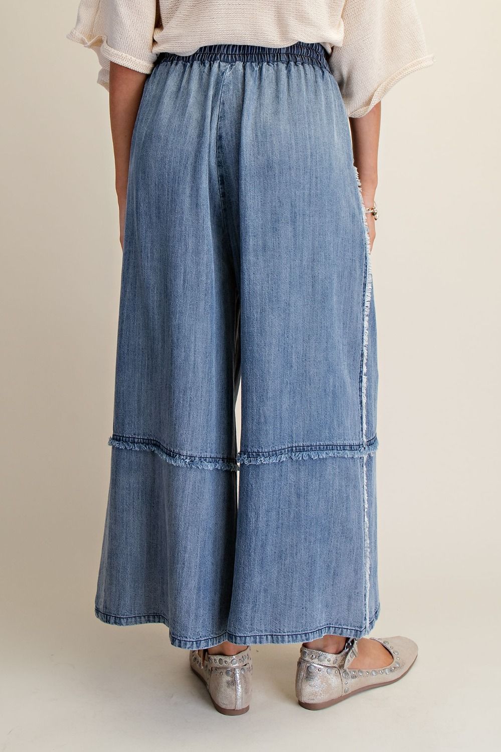 Easel Self Fray Chambray Palazzo Pants Washed Denim