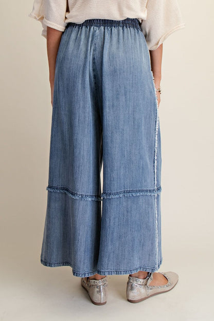 Easel Self Fray Chambray Palazzo Pants Washed Denim