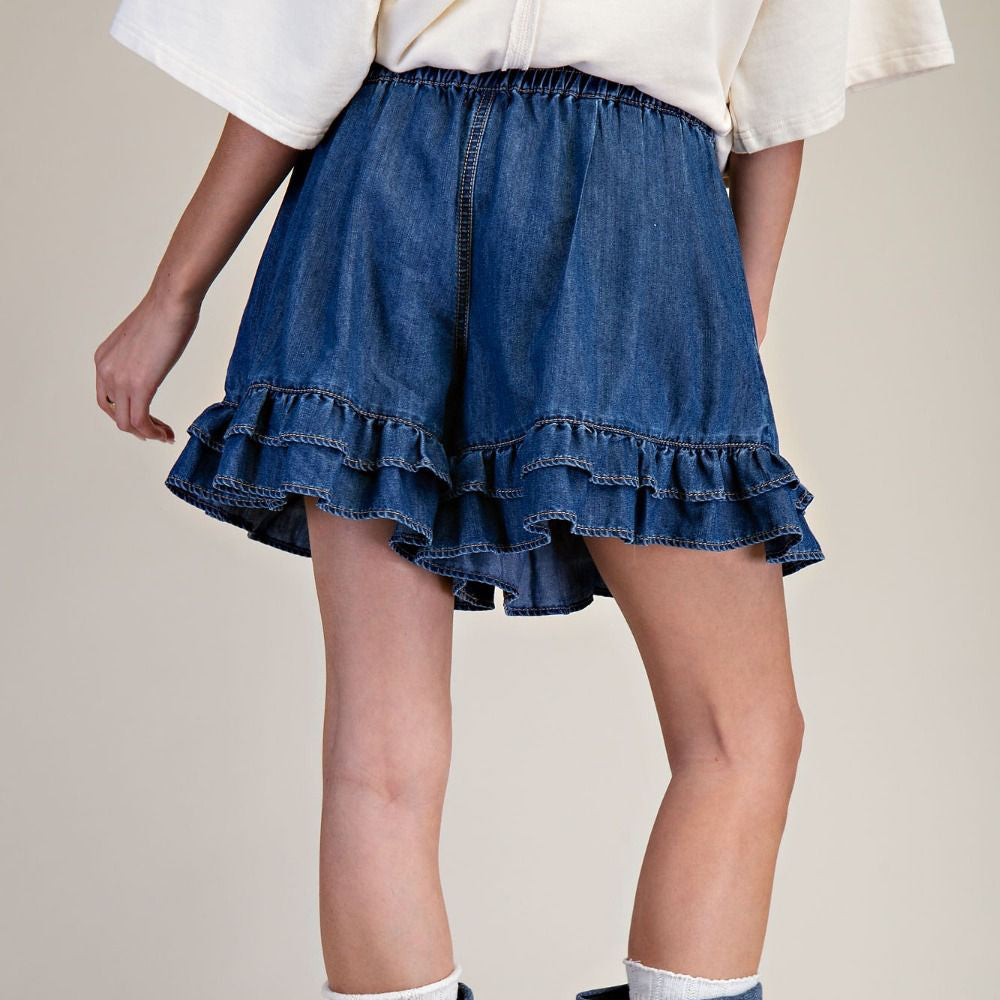 Easel Ruffle Bottom Dark Denim Shorts