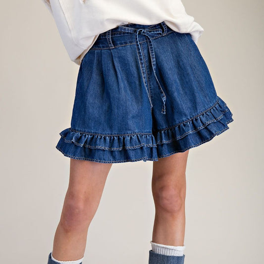Easel Ruffle Bottom Dark Denim Shorts
