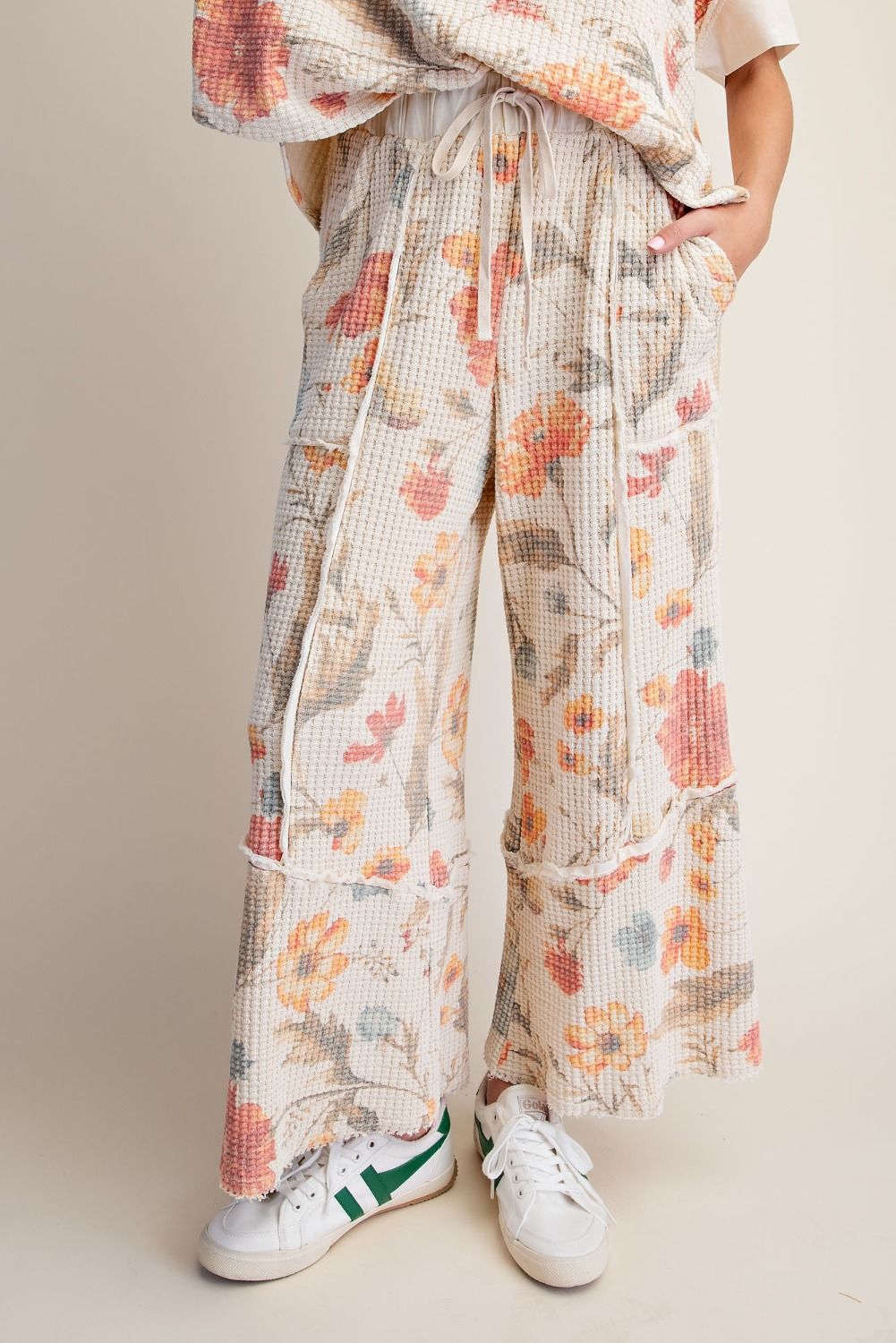 Easel Cream Floral Waffle Knit Pants