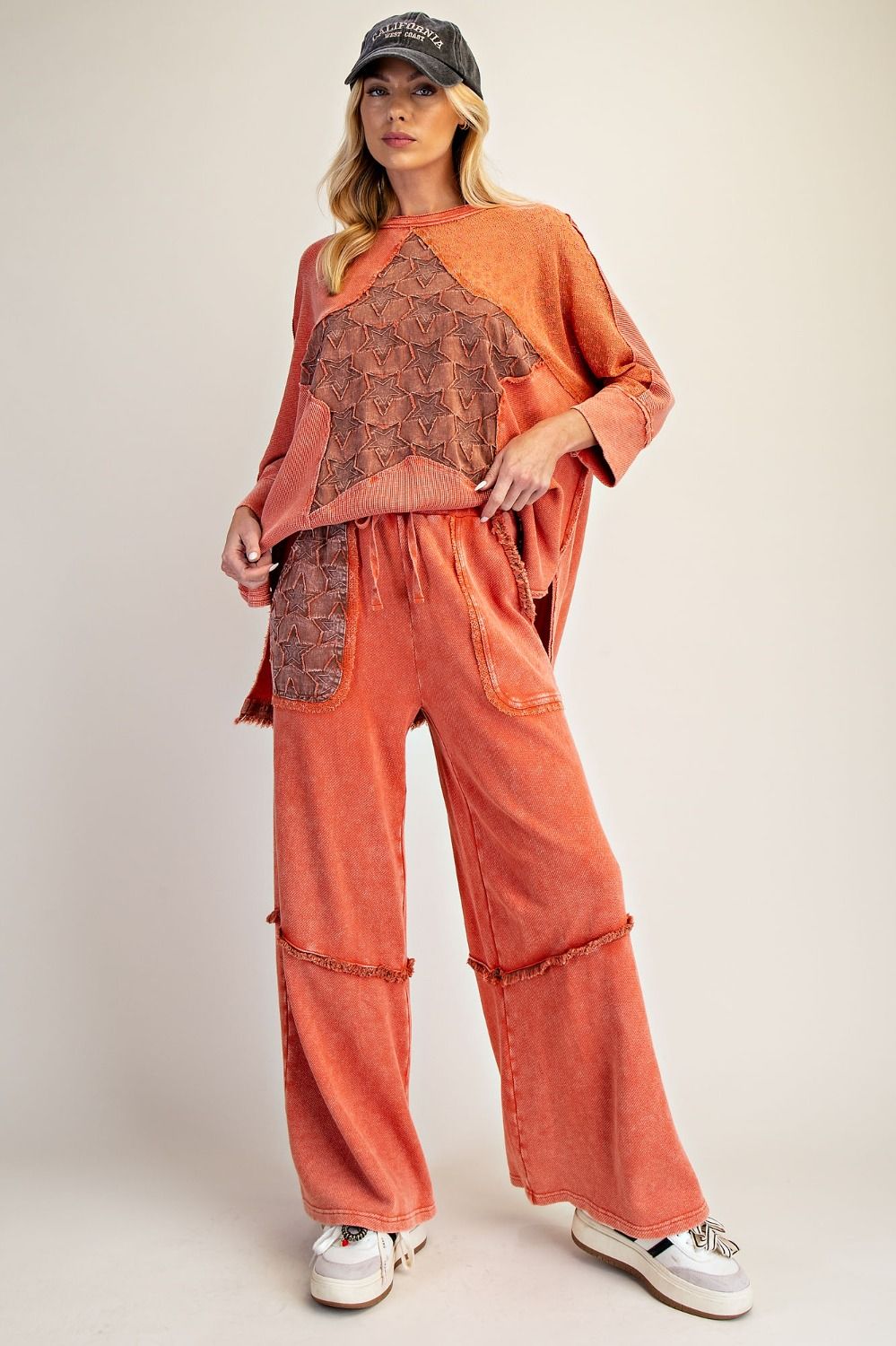 Easel Burnt Orange Star Patch Washed Terry Pants