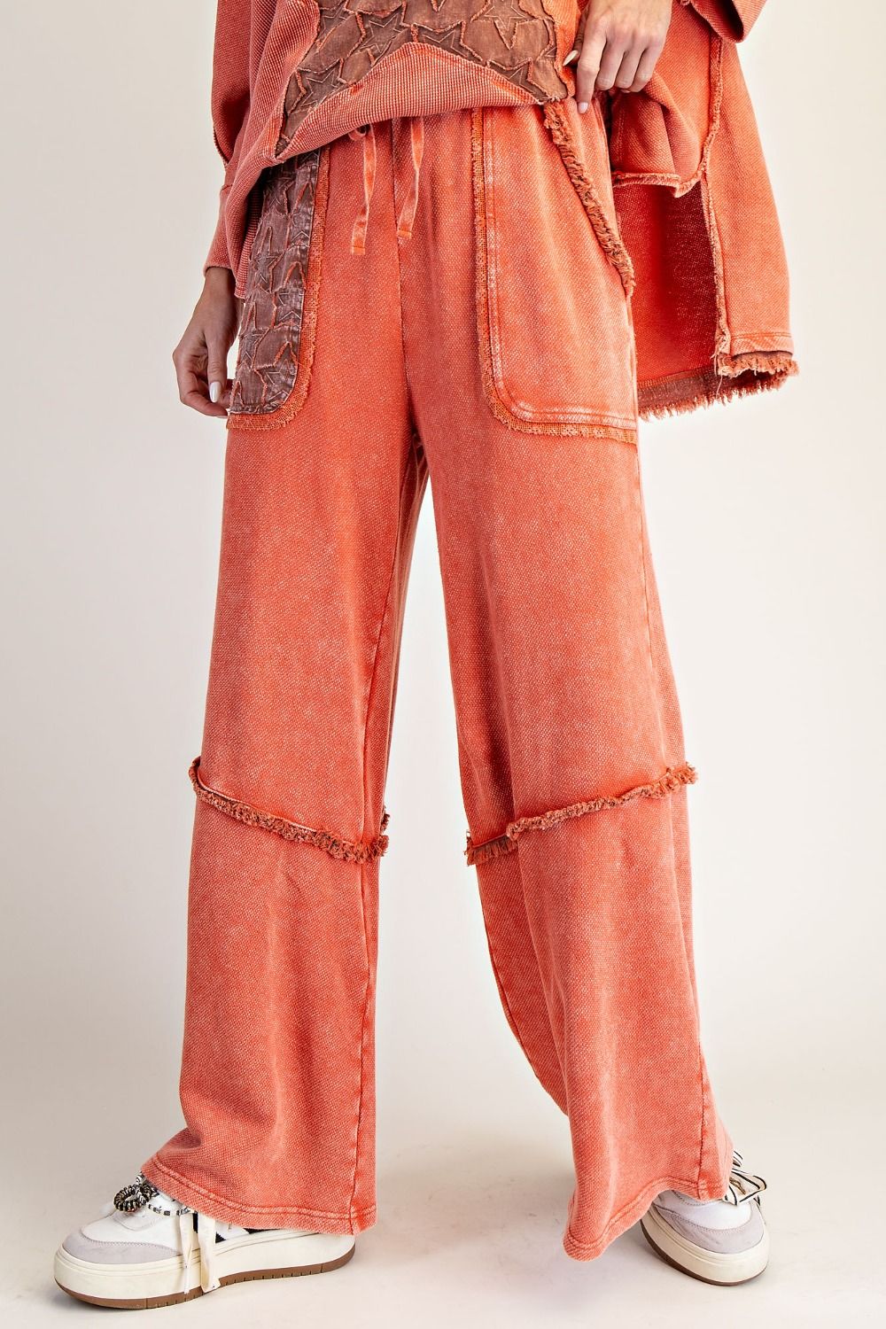 Easel Burnt Orange Star Patch Washed Terry Pants