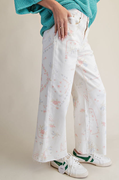 Easel White Cross Stitch Print Pants