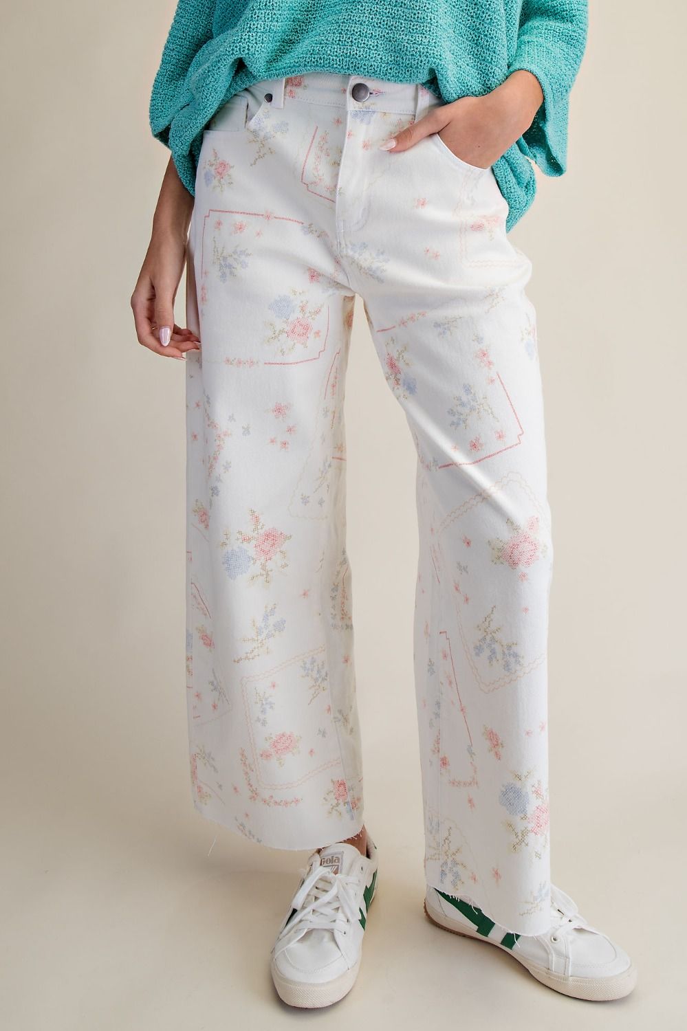 Easel White Cross Stitch Print Pants