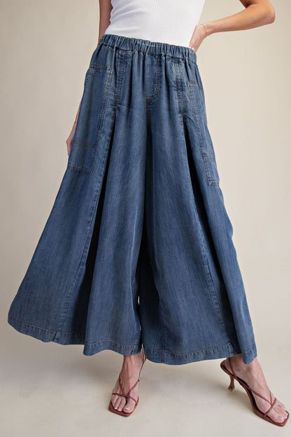 Easel Wide Leg Washed Denim Palazzo Pants