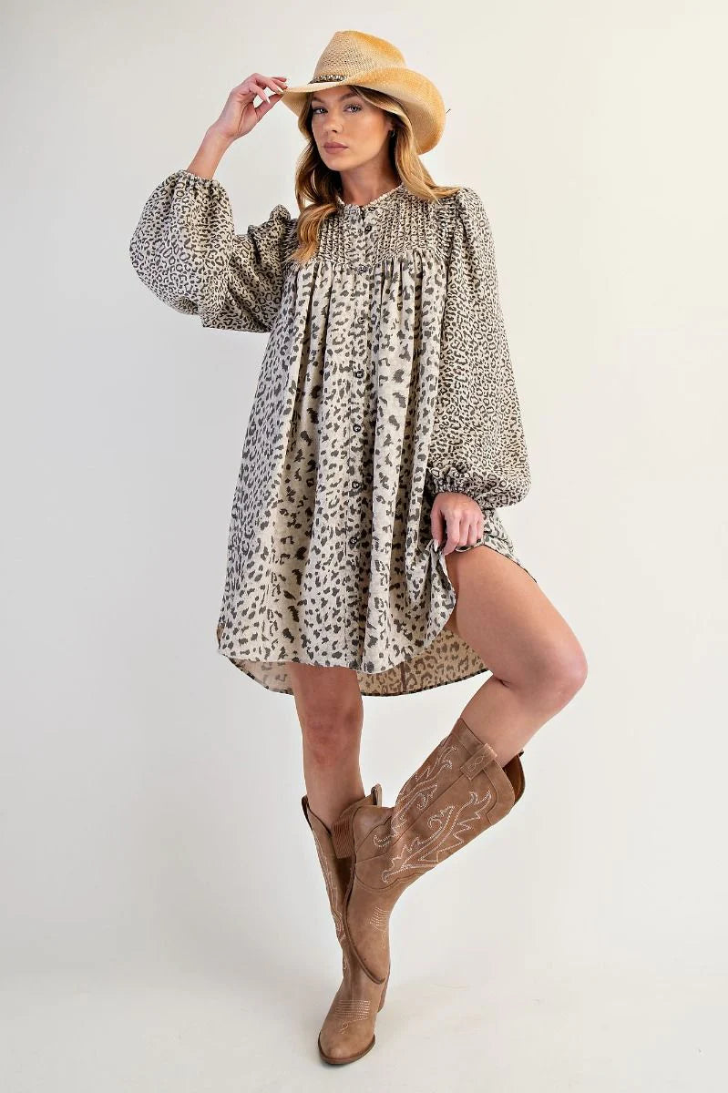 Long Sleeve Animal Printed Dress Mushroom