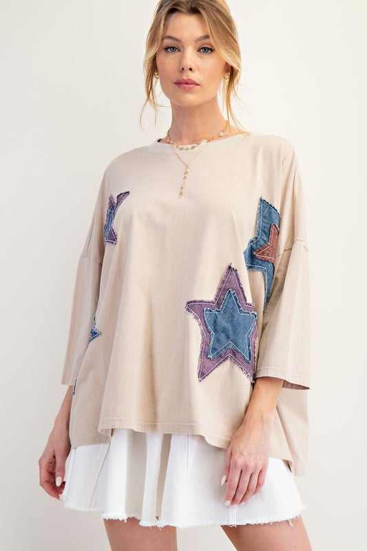 Easel Star Patch Boxy Top Khaki