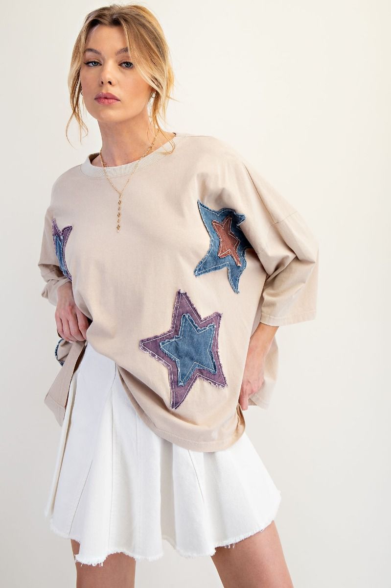 Easel Star Patch Boxy Top Khaki