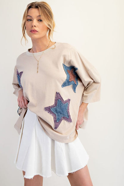 Easel Star Patch Boxy Top Khaki