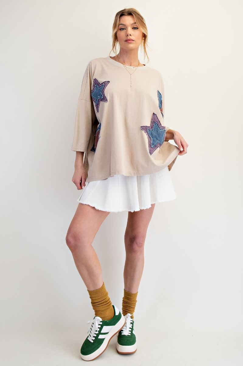 Easel Star Patch Boxy Top Khaki