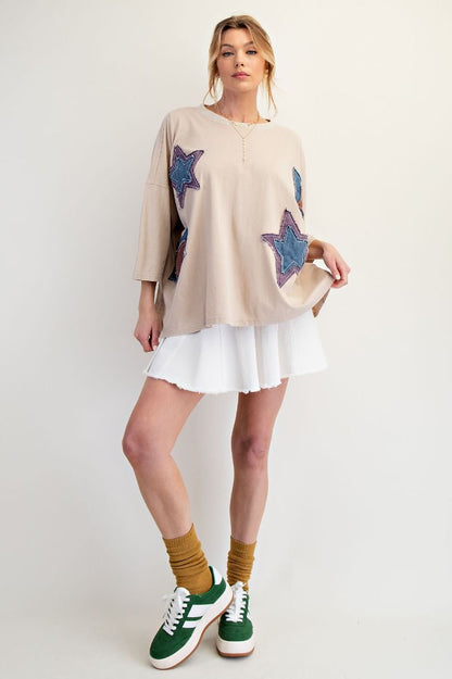 Easel Star Patch Boxy Top Khaki