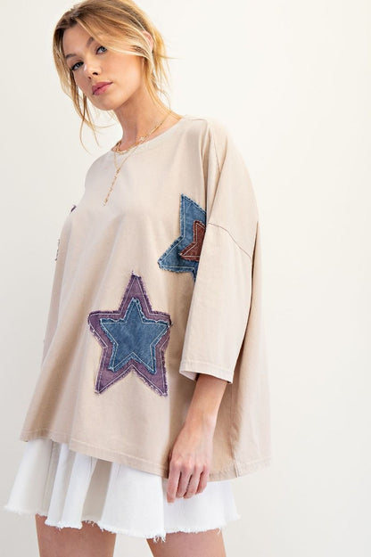 Easel Star Patch Boxy Top Khaki