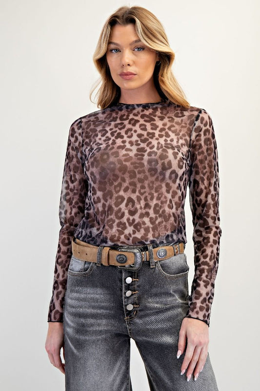 Easel Black Cheetah Mesh Top