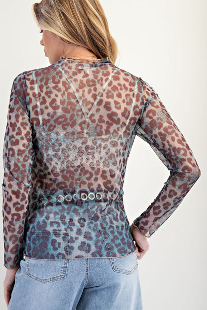 Easel Blue Cheetah Mesh Top