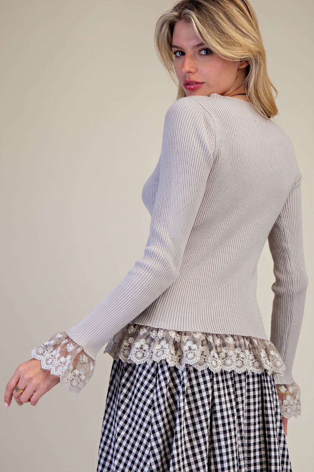 Easel Gray Lace Arms & Bottom Sweater