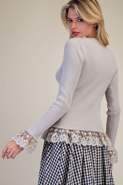 Easel Gray Lace Arms & Bottom Sweater