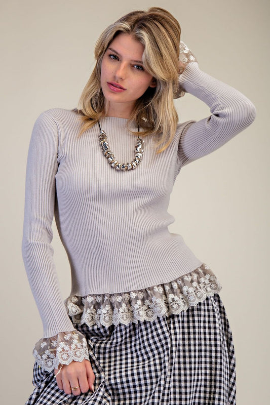 Easel Gray Lace Arms & Bottom Sweater